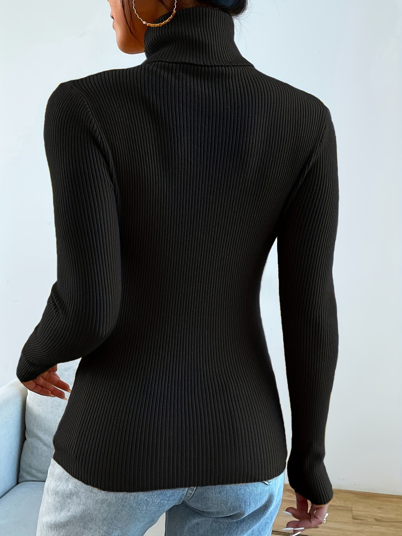 Women's Black Rib Knit Turtleneck Jumper in Slim Fit | Ideal for Winter