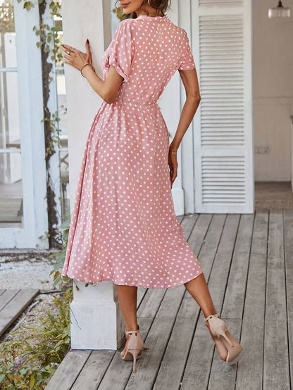 Women's Charming Polyester A-Line Dress with V-Neck and Polka Dot Print