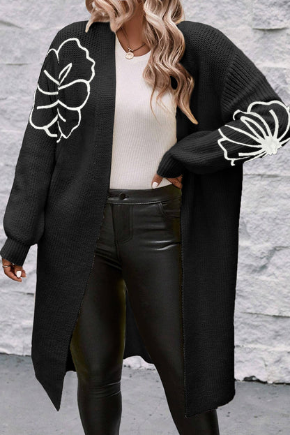 Women's Chic Long Open Drop Shoulder Cardigan with Floral Embroidery | Ideal for Winter