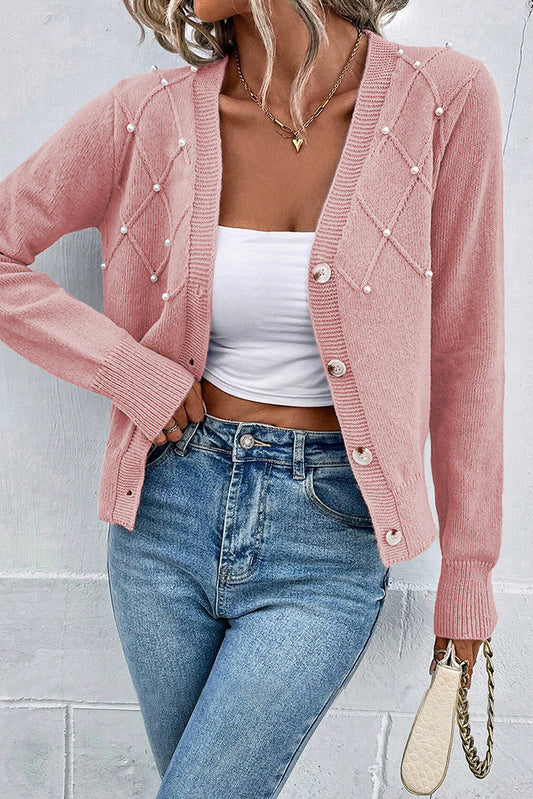 Women's Refined Textured Pink Cashmere Knit Button-Up Cardigan with Pearls| Ideal for Winter