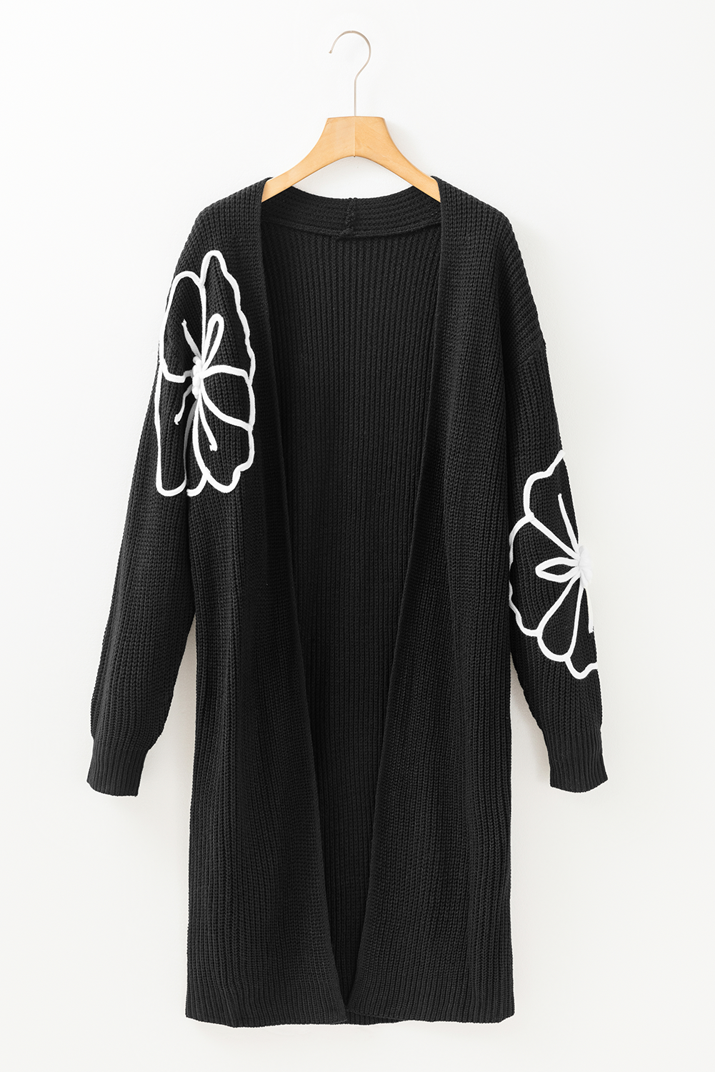 Women's Chic Long Open Drop Shoulder Cardigan with Floral Embroidery | Ideal for Winter