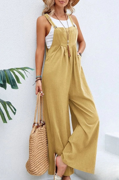 Women's Loose Square Neck Linen Jumpsuit with Adjustable Strap | Ideal for Summer