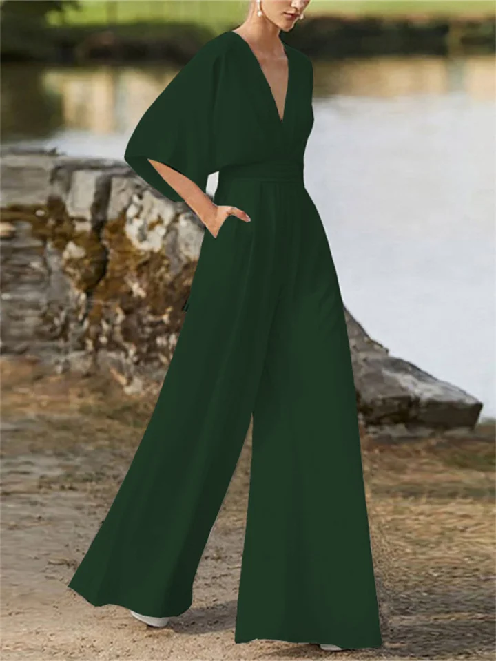 Women's Stylish Wide Leg V-neck Jumpsuit with Batwing Sleeve | Ideal for Summer