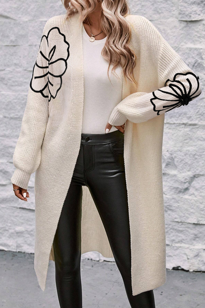 Women's Chic Long Open Drop Shoulder Cardigan with Floral Embroidery | Ideal for Winter