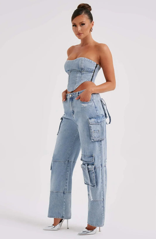 Women's Chic Denim Set with Corset Top and Relaxed Cargo Pants