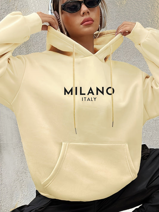 Women's Casual Oversized Hoodie with 'Milano Italy' Print Pocket and Drawstring | Perfect for Autumn/Winter