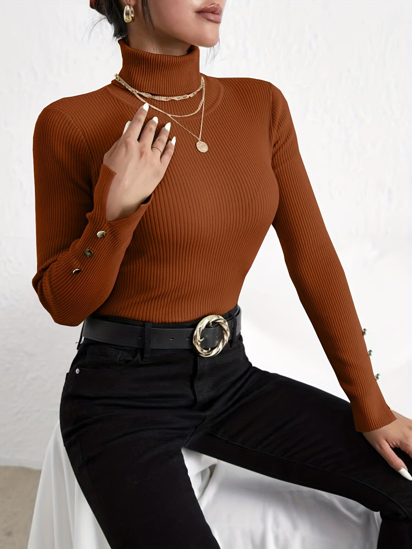 Women's Modern Solid Colour Turtleneck Jumper in Slim Fit | Ideal for Winter