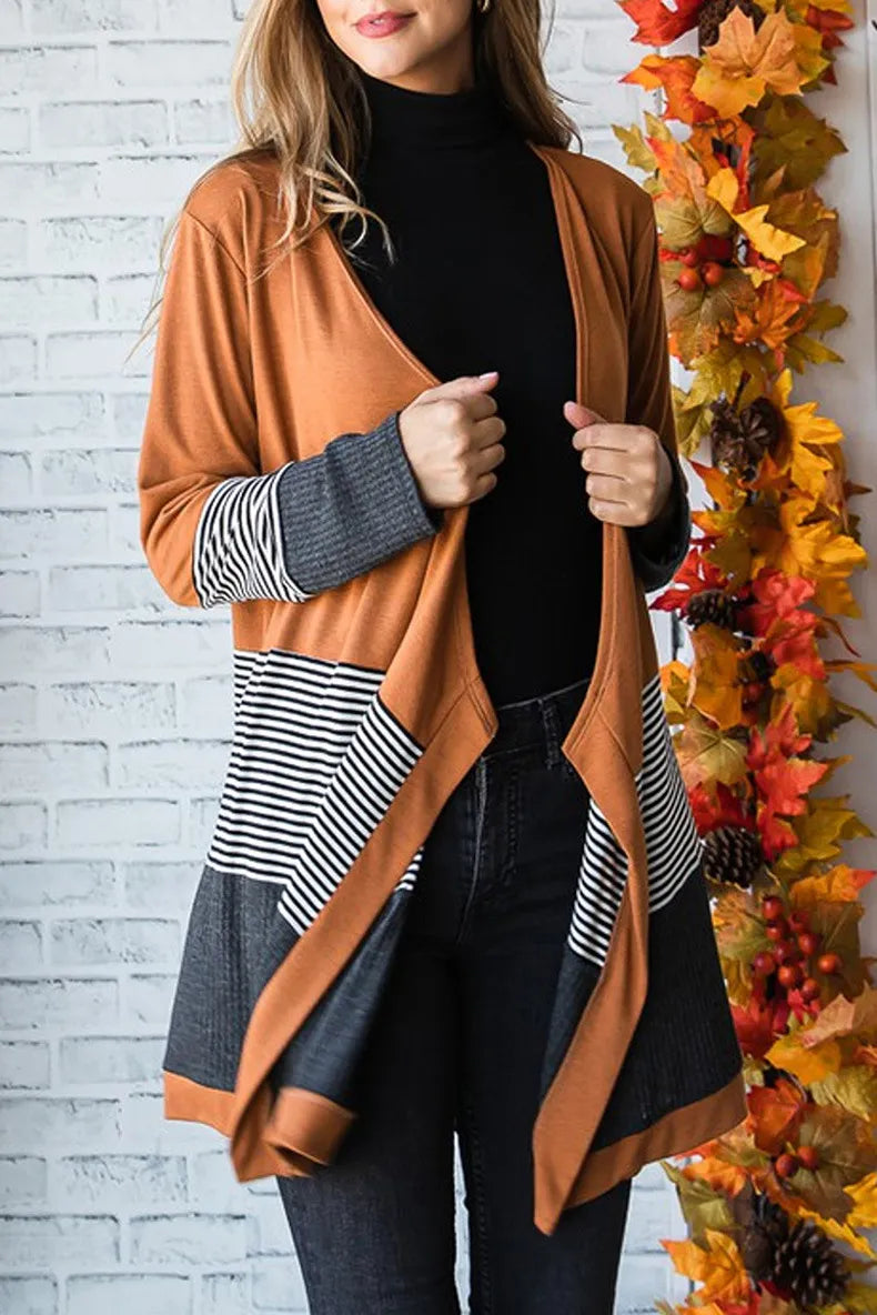 Women's Casual Striped Color Panel Knitted Cardigan | Ideal for Winter