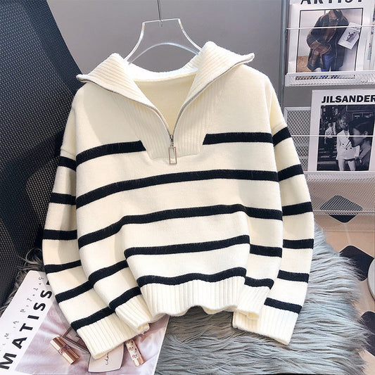 Women's Fashionable Loose-Fitting Striped Cashmere Jumper with Zipper | Ideal for Winter