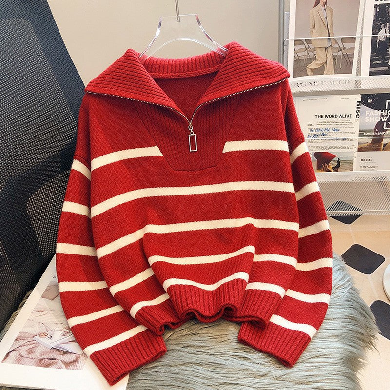 Women's Fashionable Loose-Fitting Striped Cashmere Jumper with Zipper | Ideal for Winter