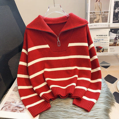 Women's Fashionable Loose-Fitting Striped Cashmere Jumper with Zipper | Ideal for Winter