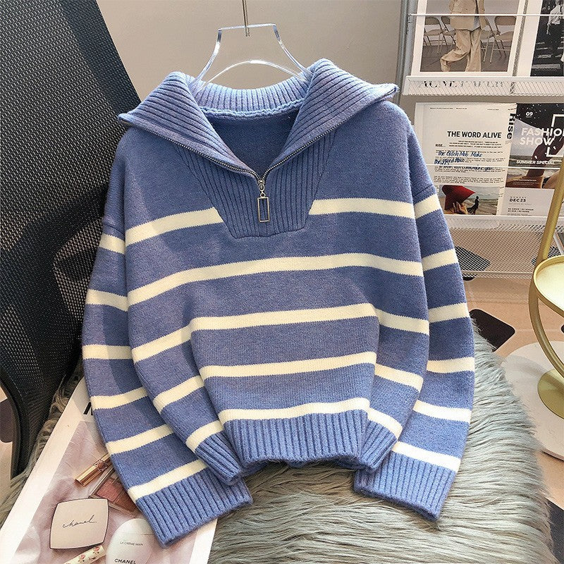 Women's Fashionable Loose-Fitting Striped Cashmere Jumper with Zipper | Ideal for Winter