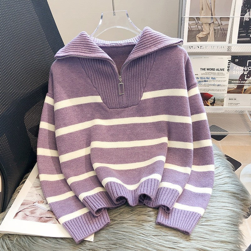 Women's Fashionable Loose-Fitting Striped Cashmere Jumper with Zipper | Ideal for Winter