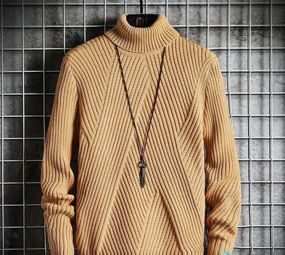 Men's Khaki Cashmere Turtleneck Sweater with Twill Weave Pattern | Ideal for Winter