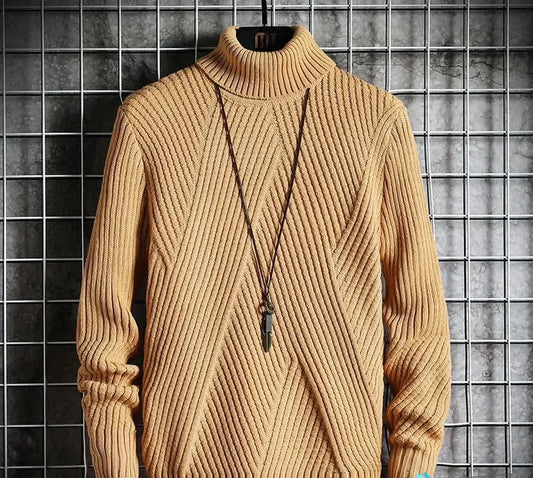 Men's Khaki Cashmere Turtleneck Sweater with Twill Weave Pattern | Ideal for Winter