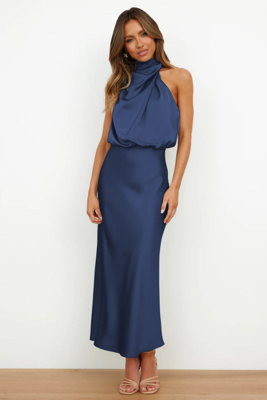 Women's Elegant Fabric Maxi Dress with Halter Neckline