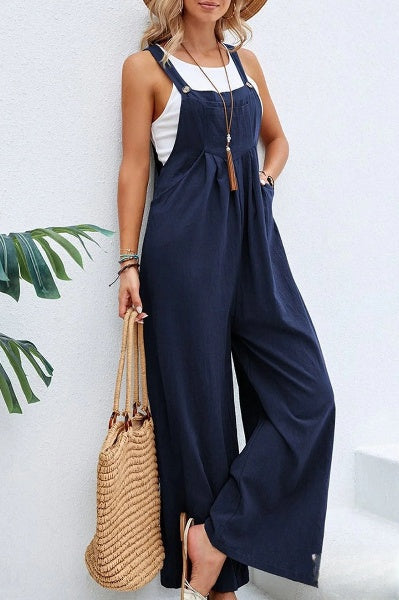 Women's Loose Square Neck Linen Jumpsuit with Adjustable Strap | Ideal for Summer