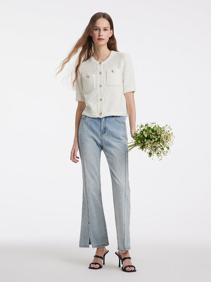 Women's Elegant White Cashmere Button-Up Cardigan with Chest Pocket | Ideal for Winter