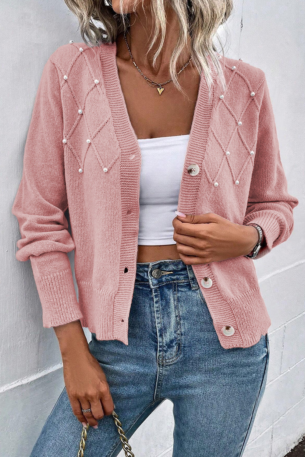 Women's Refined Textured Pink Cashmere Knit Button-Up Cardigan with Pearls| Ideal for Winter