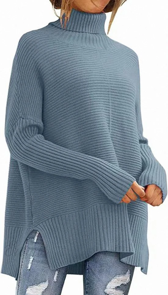 Women's Modern Blue Slit Turtleneck Knit Jumper with Batwing Sleeves | Ideal for Winter