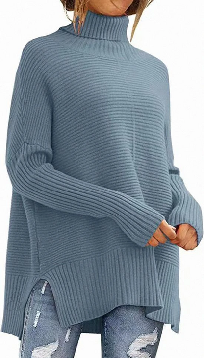 Women's Modern Blue Slit Turtleneck Knit Jumper with Batwing Sleeves | Ideal for Winter