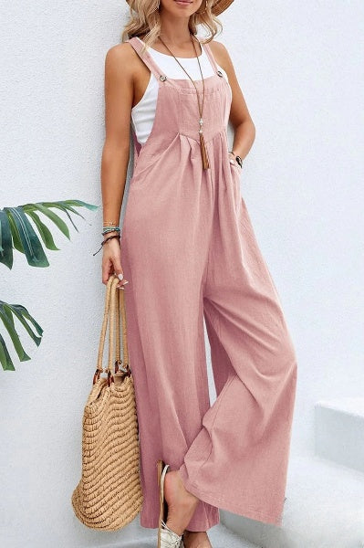 Women's Loose Square Neck Linen Jumpsuit with Adjustable Strap | Ideal for Summer