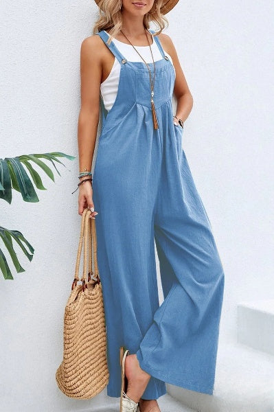 Women's Loose Square Neck Linen Jumpsuit with Adjustable Strap | Ideal for Summer