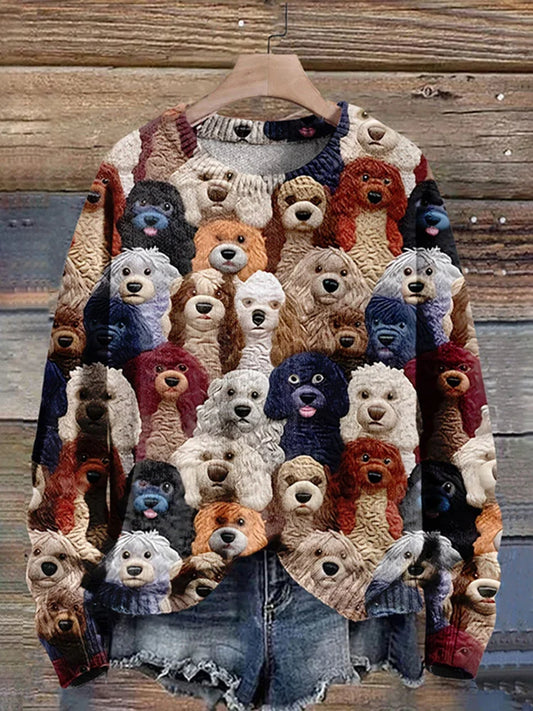 Women's Trendy Knitted Multicoloured Jumper with Dog Print | Ideal for Winter