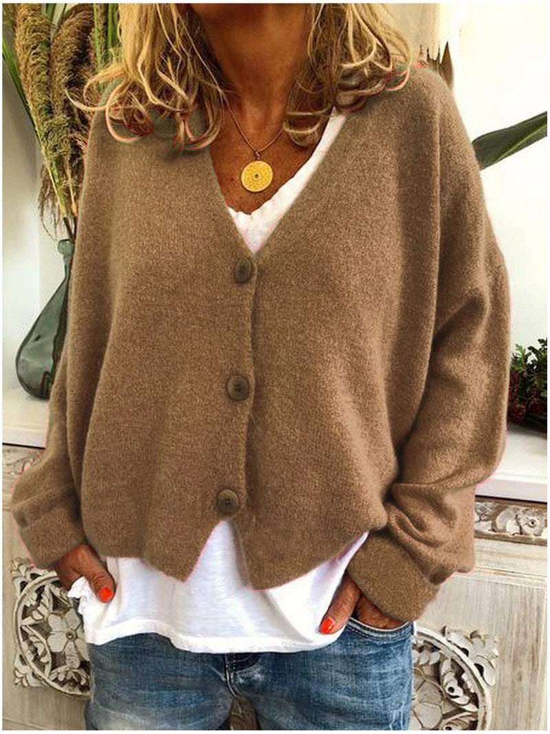 Women's Cozy Short Woolen V-neck Cardigan with Button | Ideal for Winter