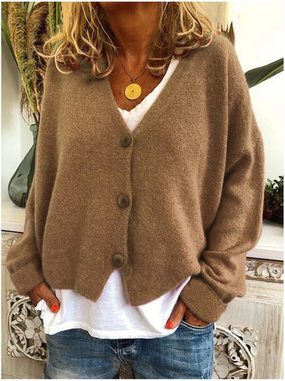 Women's Cozy Short Woolen V-neck Cardigan with Button | Ideal for Winter