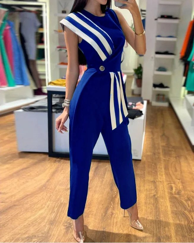 Women's Asymmetrical Insert Striped Jumpsuit | Ideal for Summer