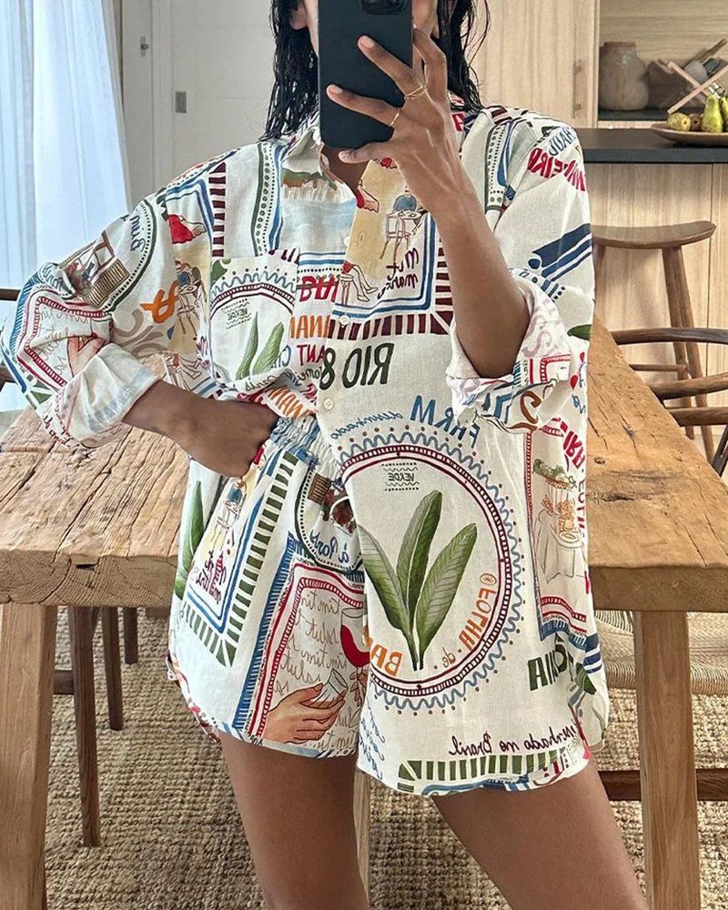 Women's Stylish Printed Folded Sleeve Shirt with Short Set  | Ideal for Summer