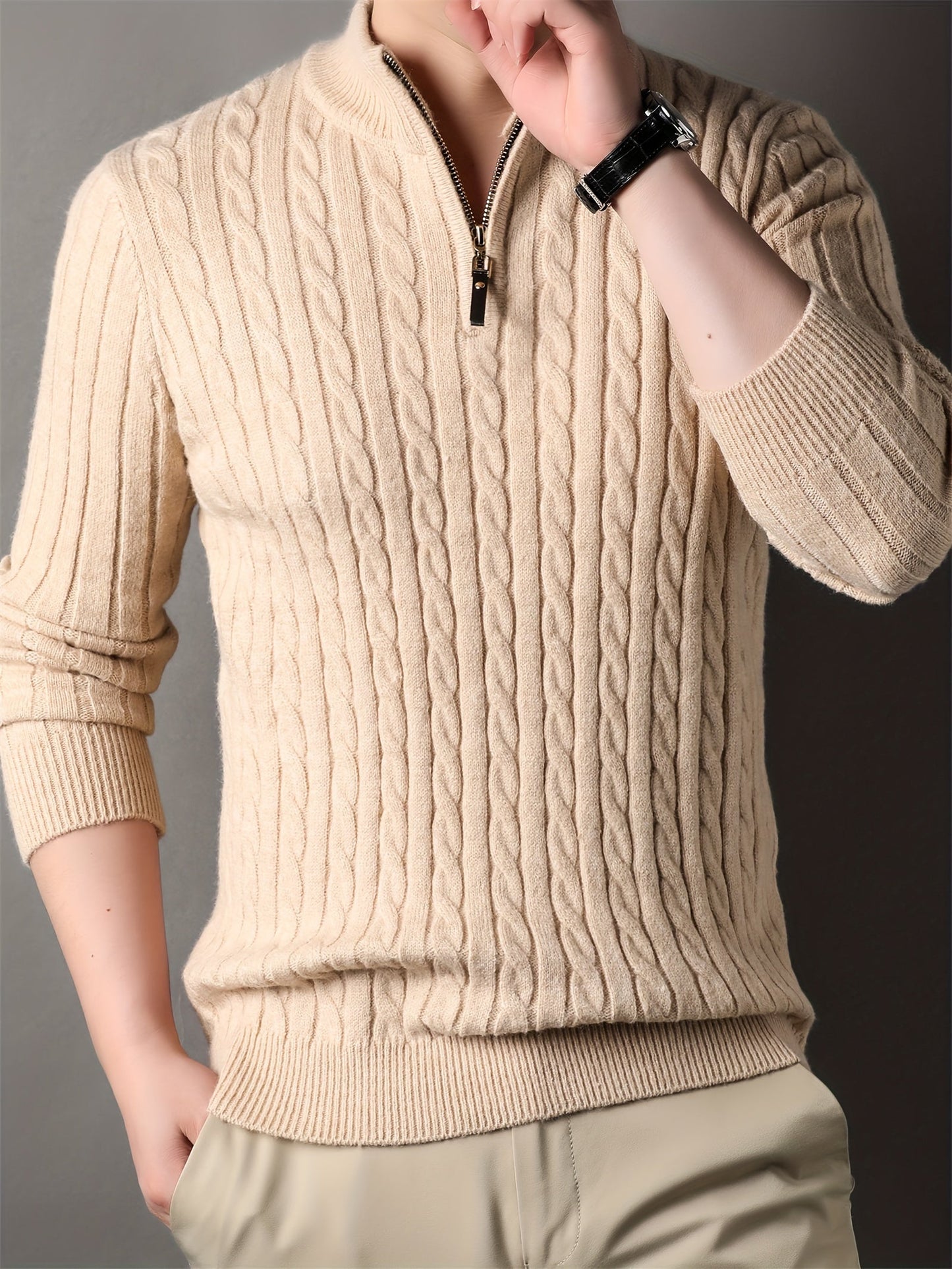 Men's Casual Quarter-Zip Knit Jumper with Stand Collar and Striped Design | Ideal for Autumn/Winter