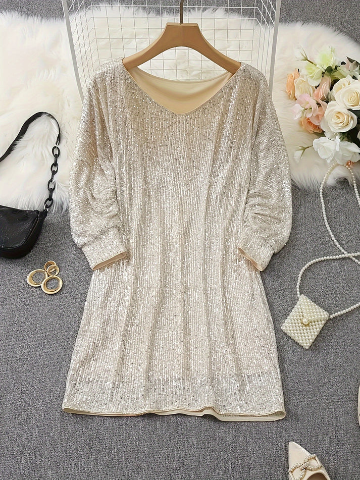 Elegant Apricot Sequin V-Neck Long Sleeve Formal Dress for Women | For Formal Occasions