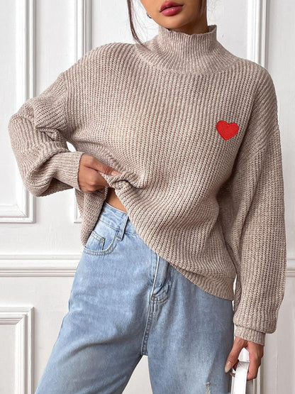 Women's Fashionable Khaki Cashmere Turtleneck Jumper with Heart Detail | Ideal for Winter
