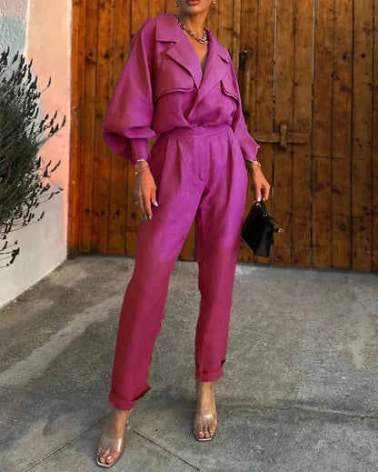 Women's Loose Fit Blazer with Long Pants Two Piece Set | Ideal for Summer
