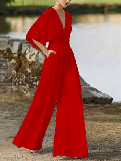 Women's Stylish Wide Leg V-neck Jumpsuit with Batwing Sleeve | Ideal for Summer