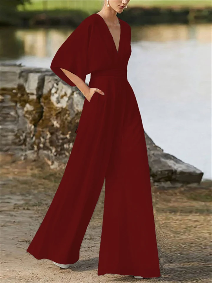 Women's Stylish Wide Leg V-neck Jumpsuit with Batwing Sleeve | Ideal for Summer