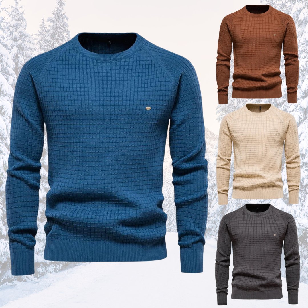 The colors identified in the image are:

- Navy blue
- Beige
- Dark gray
- Brown

The blue sweater appears to be navy blue, the one on the upper right is brown, the lower right is dark gray, and the sweater at the bottom center is beige.