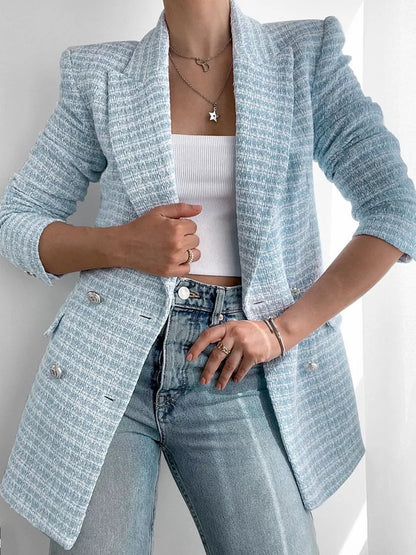 Women's Elegant Mid-Length Light Blue Tweed Buttoned Blazer | Perfect for Casual Days