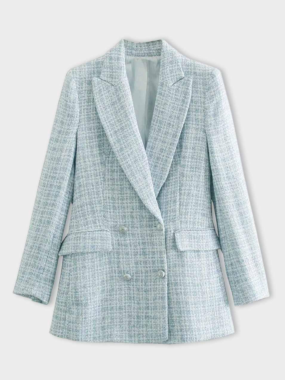 Women's Elegant Mid-Length Light Blue Tweed Buttoned Blazer | Perfect for Casual Days