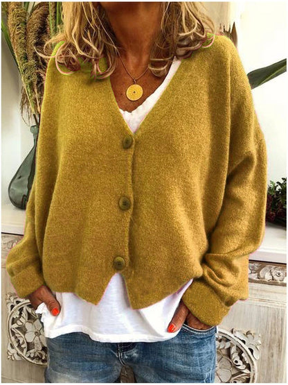 Women's Cozy Short Woolen V-neck Cardigan with Button | Ideal for Winter