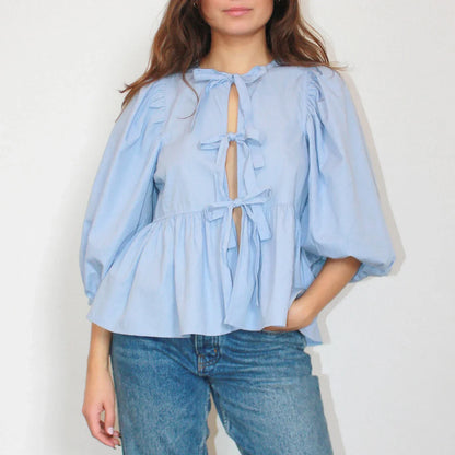 Women's Playful Stretchy Blouse with Puff Sleeves and Back Cut-Out Design