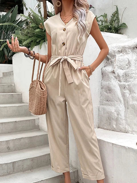 Women's Casual Short Sleeve V-neck Jumpsuit with Belt and Buttons | Ideal for Spring/Summer