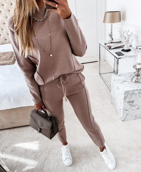 Women's Chic Knitted Long Sleeve and Slim Drawstring Pants Co ords Set | Ideal for Spring/Summer