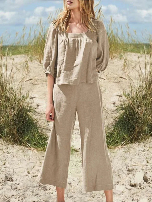 Women's Comfortable Square Neck Linen Top and Wide-Leg Pants Co ords Set | Ideal for Spring/Summer