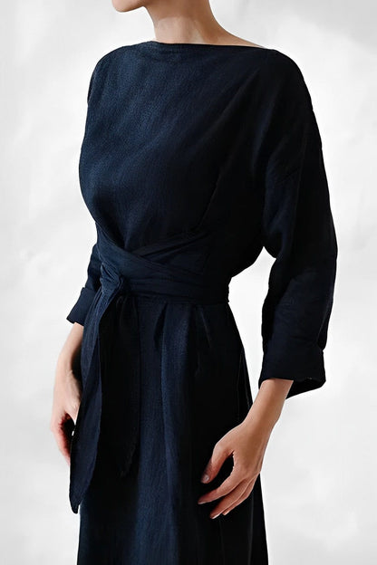 Women's Casual Solid Linen Dress with Tie Belt Co ords | Ideal for Spring/Summer