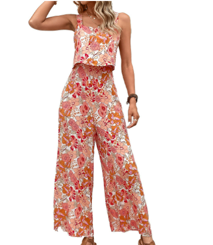 Women's Cropped Top with High Waist Pants Floral Print Two Piece Set | Ideal for Summer