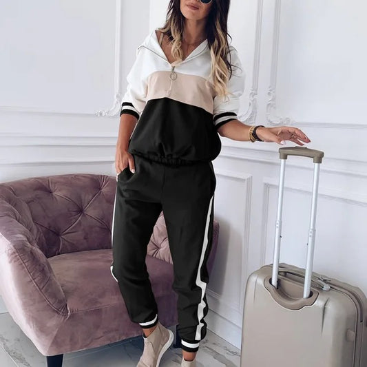 Women's Long-Sleeve Color Block Hoodie and Jogger Pants Co ords Set | Ideal for Spring/Summer