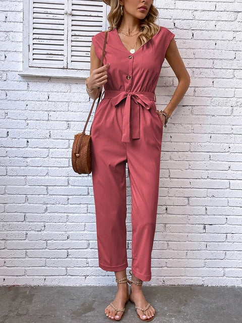 Women's Casual Short Sleeve V-neck Jumpsuit with Belt and Buttons | Ideal for Spring/Summer